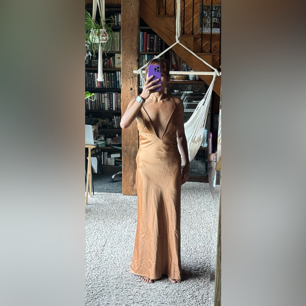 Zara very low cut brown satin dress